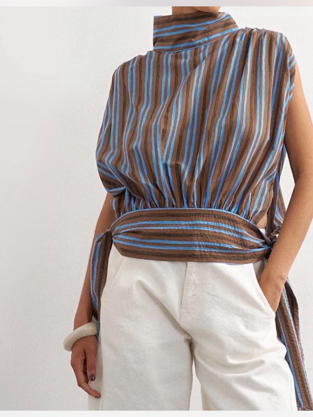 Topshop Brown Top with Blue & Cream Stripes